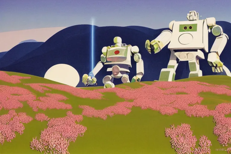 Prompt: giant mecha robot with laser, blooming hills with spring flowers and pillars by helen lundeberg