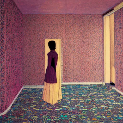 Prompt: a lonely girl in an abandoned room, film still by wes anderson, depicted by klimt, limited color palette, very intricate, art nouveau, highly detailed, lights by hopper, soft pastel colors, minimalist