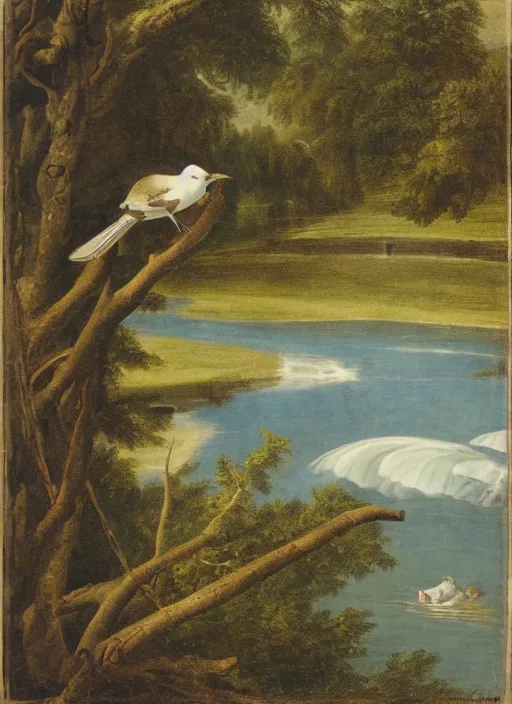 Prompt: bird swimming on its back, view from above, river, peaceful, riversides, style of elvgren gil and arkley howard