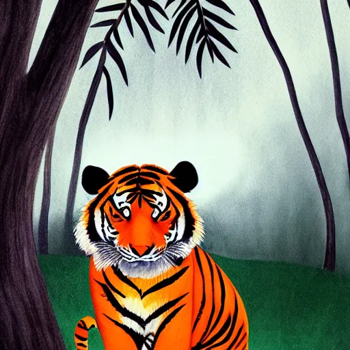 Image similar to tiger in the forest children drawing stripes orange sky palm tres sharp claws and teeth