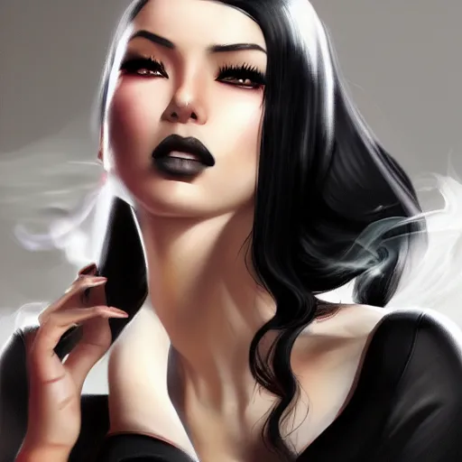 Image similar to woman with black hair, backlit smoke, hard light, cinematic lighting, high detail, made by artgerm, trending on artstation, sharp focus, smooth