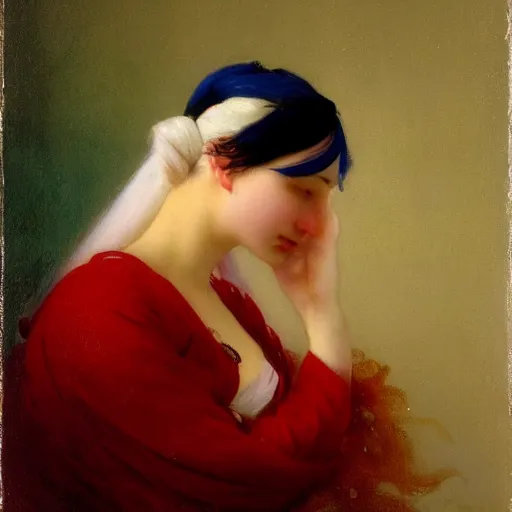 Image similar to a young woman’s face, her hair is white, her face is partially covered with a flowing blue satin blindfold, she is wrapped in windblown flowing red silk, by ivan aivazovsky and alma tadema and and willen claesz heda and aelbert cuyp and gerard ter borch