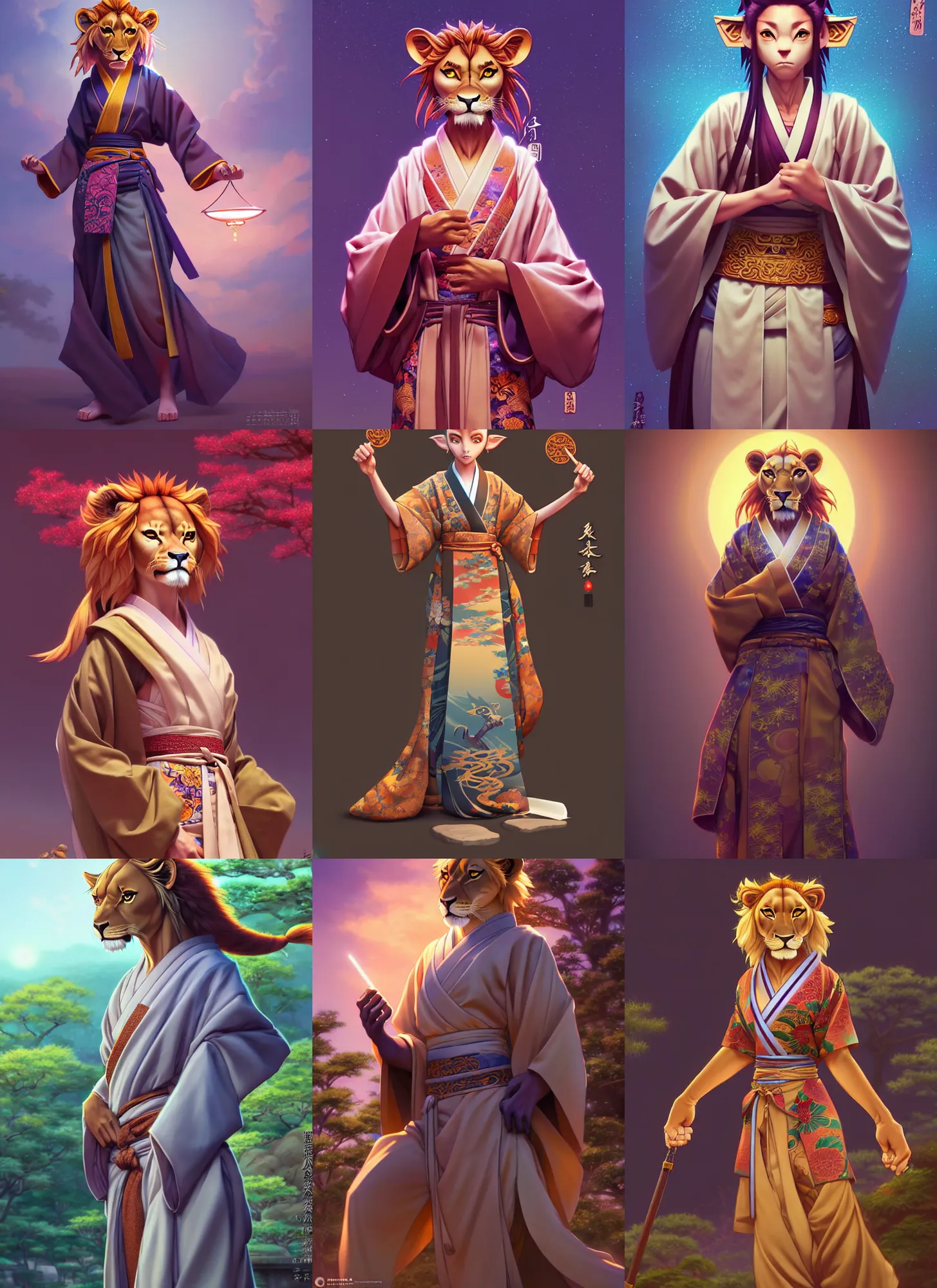 Prompt: dramatic angle beautiful full body portrait of a female anthropomorphic anthro lioness fursona jedi wearing a ornate yukata in a japanese zen garden. character design by disney, anime, manga, charlie bowater, ross tran, artgerm, and makoto shinkai, detailed, soft lighting, rendered in octane