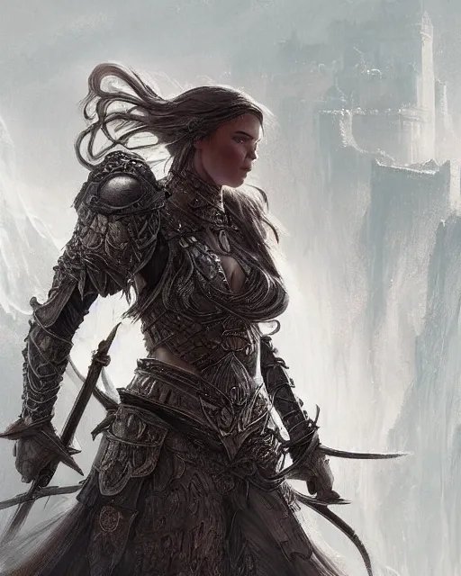 Image similar to A beautiful warrior walking up the castle stairs, beautiful castle, highly detailed armor, fantasy art, female art, in the style of greg rutkowski, illustration, epic, fantasy, intricate, hyper detailed, artstation, concept art, smooth, sharp focus, ray tracing