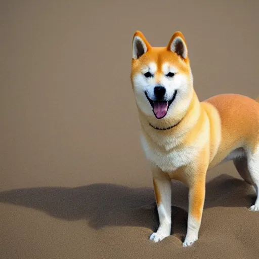 Prompt: shiba inu dog ( doge ) made of sand