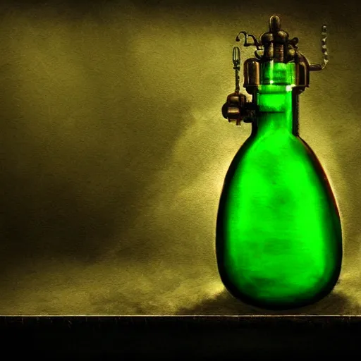 Prompt: a steampunk painting of a vintage bright yellow green steampunk poison potion bottle, lit by a single ray of sunlight in a dark dusty vintage science lab, by h. r. giger, hyperrealistic fantasy art, concept matte, ethereal, dreamy, digital art, trending on artstation, volumetric cinematic lighting