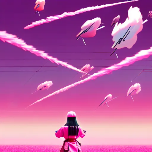 Prompt: a japanese woman battles pink robots, illustrated, detailed, 4 k