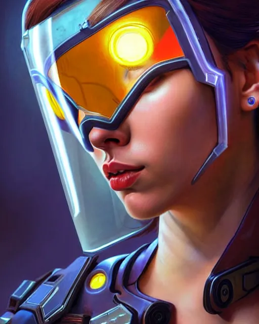 Prompt: scarlett johansson as tracer from overwatch, see through glass hologram mask, character portrait, portrait, close up, concept art, intricate details, highly detailed, vintage sci - fi poster, retro future, vintage sci - fi art, in the style of chris foss, rodger dean, moebius, michael whelan, and gustave dore