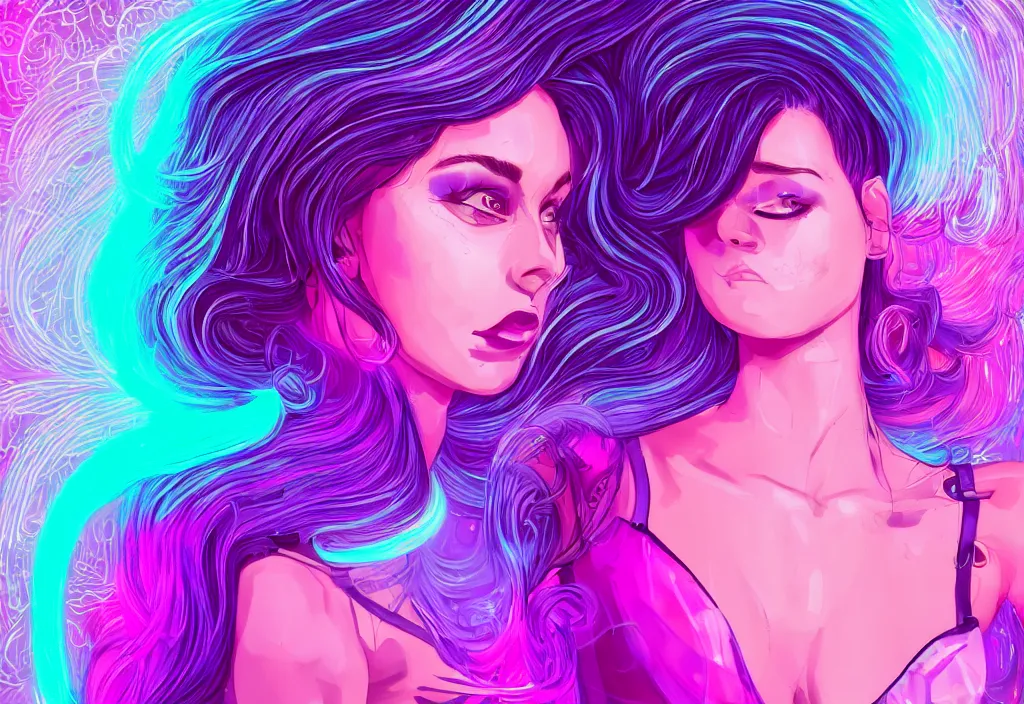 Image similar to a award winning half body portrait of a beautiful woman in a croptop and cargo pants with ombre purple pink teal hairstyle surrounded by whirling illuminated lines, outrun, vaporware, shaded flat illustration, digital art, trending on artstation, highly detailed, fine detail, intricate