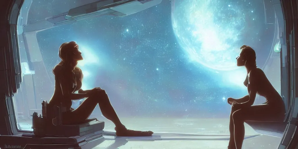 Image similar to pretty woman, sitting sad alone in a futuristic science fiction spaceship, gazing at view of galaxy in space through a window, by jim burns, peter andrew jones, michael hutter, sharp digital painting. dreaming latent space. matte painting, concept art. artstation. digital render.
