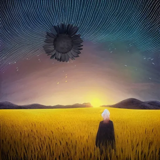 Prompt: giant black daisy flower over head, girl walking in wheat field, hills, surreal photography, dark night, star trails, dramatic light, impressionist painting, clouds, digital painting, artstation, simon stalenhag