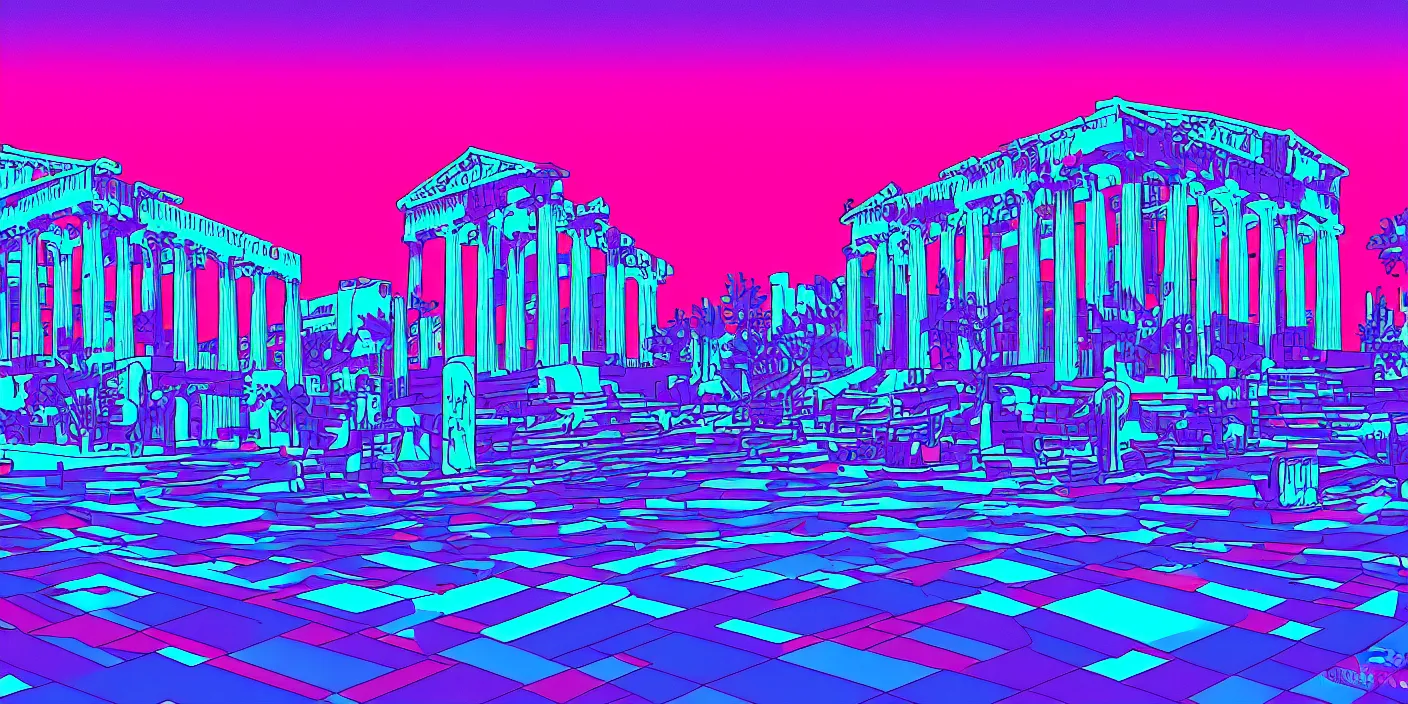 Image similar to the school of athenes paiting in synthwave style