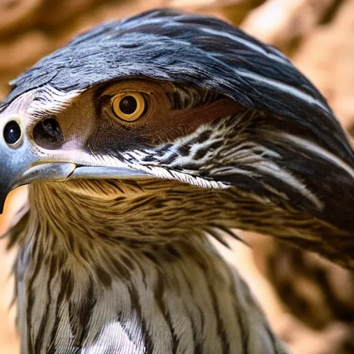 Prompt: hawk morphed with a velociraptor hybrid animal, high quality photo taken in zoo, realistic