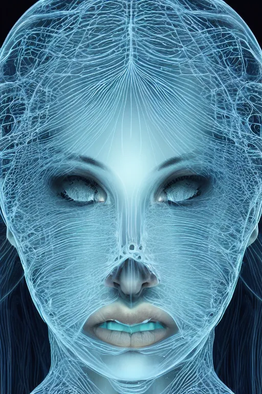 Image similar to dark underwater portrait of a Bioluminescent woman, with reaction diffusion semi-transparent skin. face closeup. long intricate dark hair, with jellyfish. very high detail, illustration, by alex grey