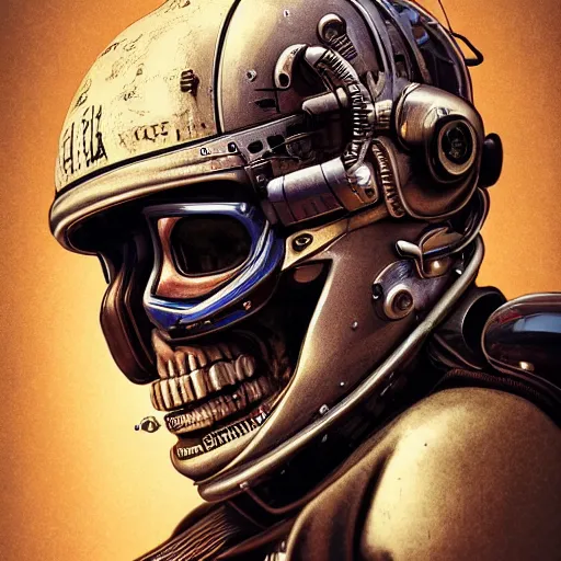 Image similar to a portrait of an cyborg vintage skull in a racing helmet by sandra chevrier, detailed render, epic composition, cybernetics, 4 k realistic, cryengine, realistic shaded lighting, sharp focus, masterpiece, by matteo scalera, gary montalbano, peter elson in the style of the tokyo ghost comic