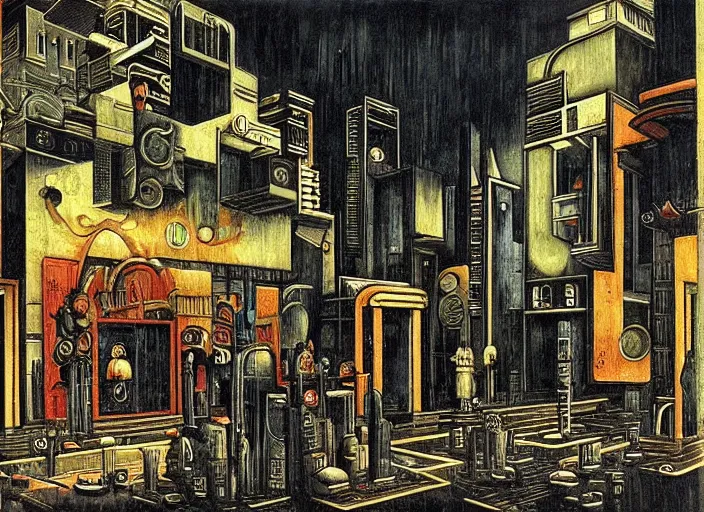 Prompt: melancholy rainy night at a cyberpunk cafe in an infinity cyberpunk city by giorgio de chirico