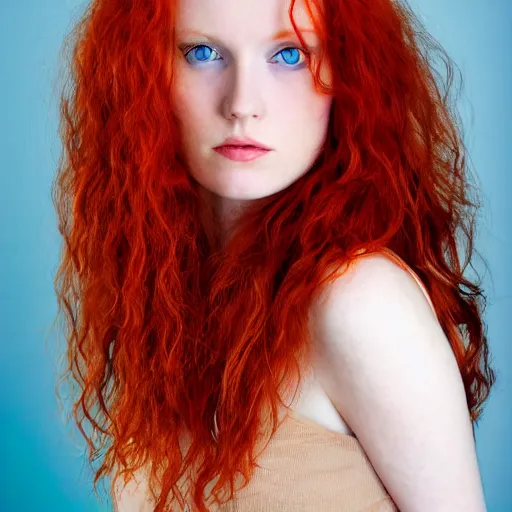 Image similar to Close up 35mm nikon photo of the left side of the head of a redhead photomodel with gorgeous blue eyes and wavy long red hair, who looks directly at the camera. Whole head visible and covers half of the frame,.