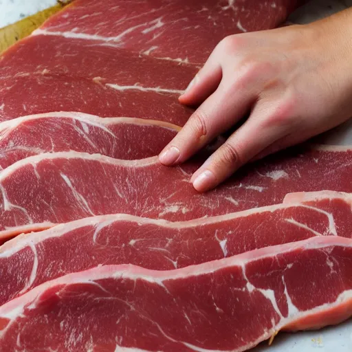 Prompt: how to slice meat from a whole spanish ham, the fat part