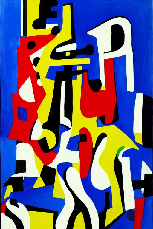 Image similar to Abstract painting representation of jazz musicians, the letters JAZZ in the style of Stuart Davis colors cobalt blue, ultramarine blue, yellow, red, white, black