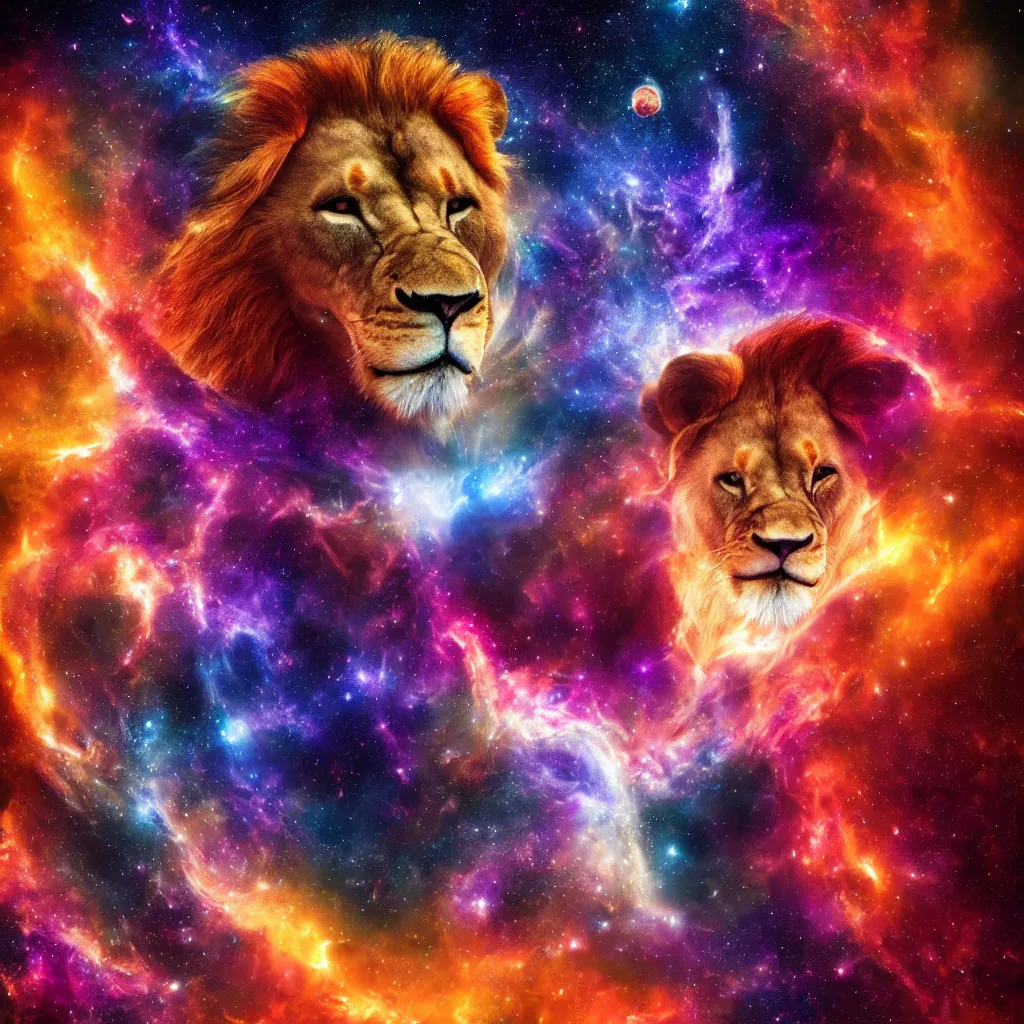 Prompt: lion 🦁 in a galaxy made of stars, space, nebulas stars Dmt Psychedelic cosmos, cosmic, Hallucination, night sky; 8k, artstation, unreal engine, octane render, hdr, surrealistic, hyperrealism, glow, photorealistic, volumetric lighting, Dreamy, dynamic, mystical