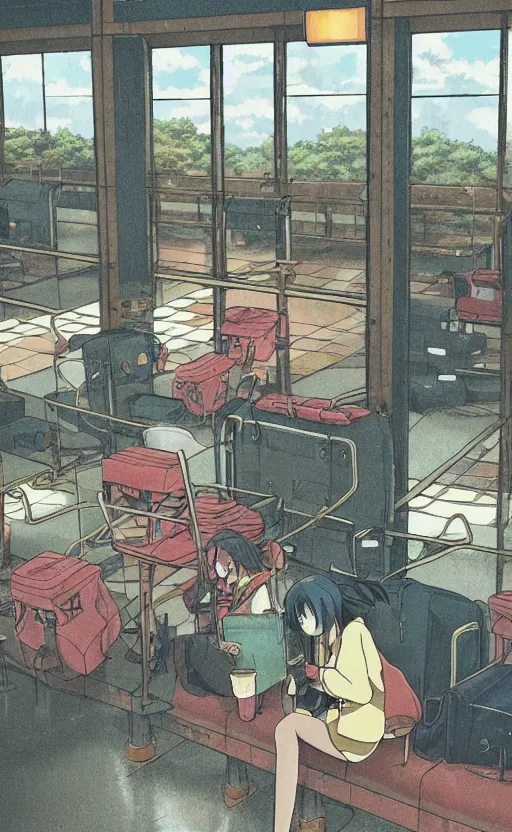Image similar to train station, rainy day, anime, japan, ghibli, 9 0 s, retro style, aesthetic, chill, room