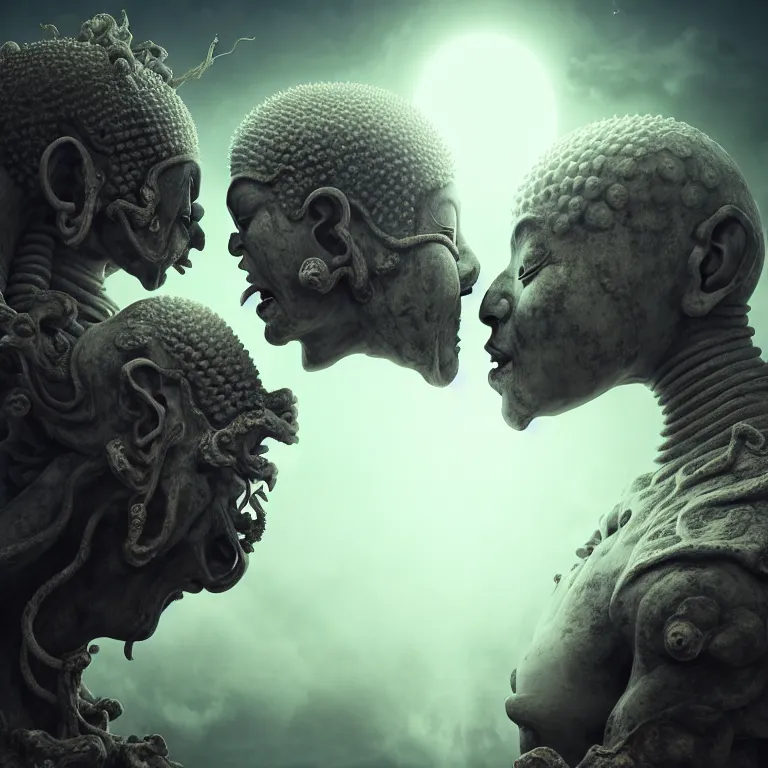 Image similar to portrait of two buddhist demons kissing each other in wastelands on white exoplanet at night, baroque portrait painting, beautiful intricate insanely detailed octane render, artstation, 8 k artistic harsh flash photography, photorealistic, volumetric perfect light, chiaroscuro, raphael, caravaggio, beksinski, rutkowski, giger