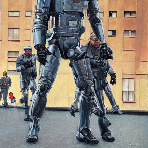 Image similar to joe biden as robocop, realistic oil painting, style of norman rockwell, 8 k, super sharp, ultra detail, rule of thirds,