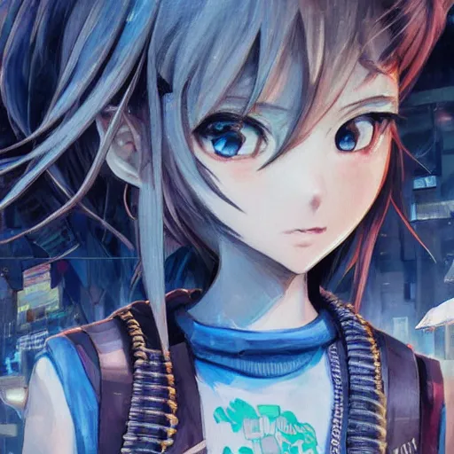 Image similar to dynamic composition, motion, ultra-detailed, incredibly detailed, a lot of details, amazing fine details and brush strokes, colorful and grayish palette, smooth, HD semirealistic anime CG concept art digital painting, watercolor oil painting of Clean and detailed post-cyberpunk sci-fi close-up schoolgirl in asian city in style of cytus and deemo, blue flame, relaxing, calm and mysterious vibes,, by a Chinese artist at ArtStation, by Huang Guangjian, Fenghua Zhong, Ruan Jia, Xin Jin and Wei Chang. Realistic artwork of a Chinese videogame, gradients, gentle an harmonic grayish colors. set in half-life 2, Matrix, GITS, Blade Runner, Neotokyo Source, Syndicate(2012), dynamic composition, beautiful with eerie vibes, very inspirational, very stylish, with gradients, surrealistic, dystopia, postapocalyptic vibes, depth of field, mist, rich cinematic atmosphere, perfect digital art, mystical journey in strange world