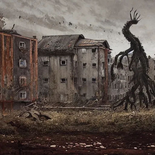 Image similar to painting of a abandoned post soviet town infested with humanoid root monsters by jakub rozalski