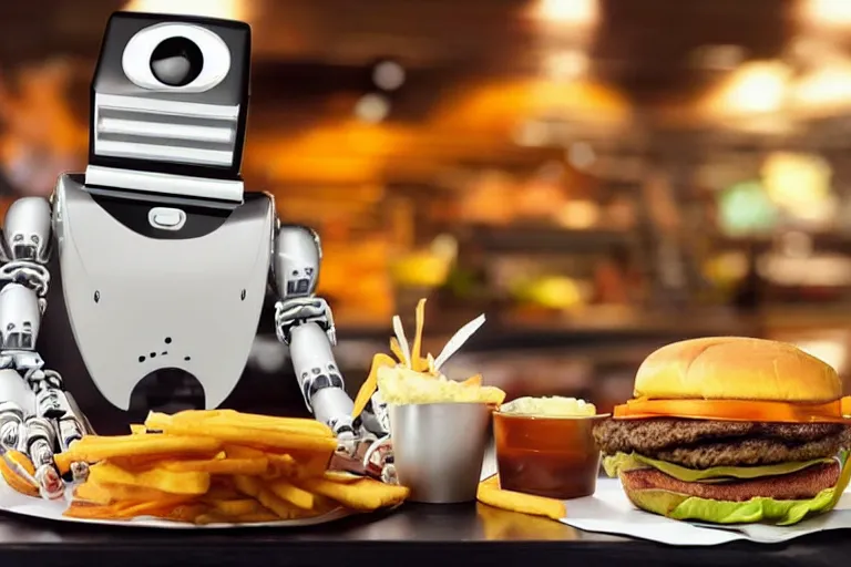 Image similar to robot eating cheese burger