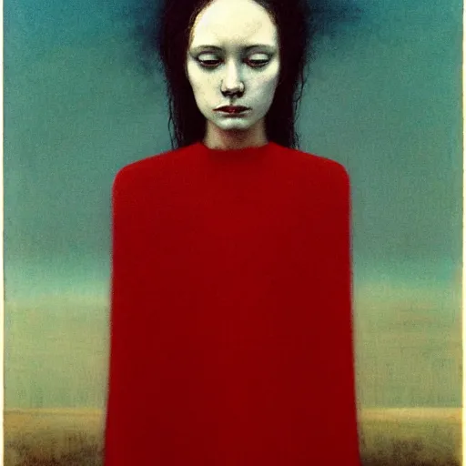Image similar to portrait of pale white young girl in old red dress with black dark short hairs by Beksinski