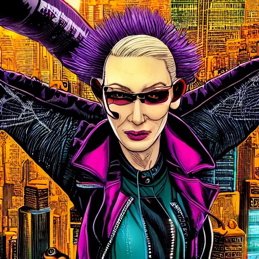 Prompt: hyper detailed comic illustration of a cyberpunk cate blanchett as spider jerusalem , by darick robertson , transmetropolitan , intricate details, vibrant, solid background