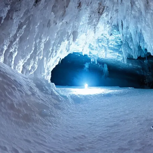 Image similar to a dark ice cave with a glowing ice spike in the center, surreal,