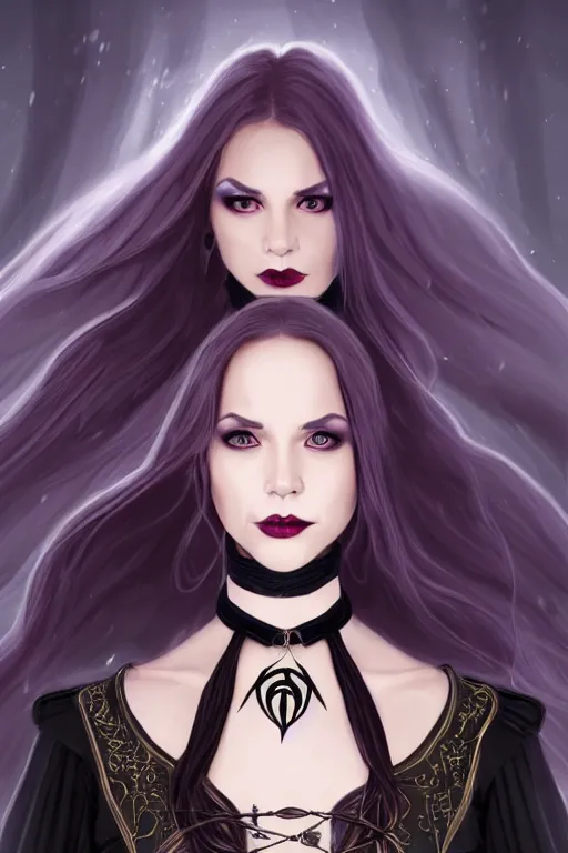 Image similar to portrait of a gorgeous female warlock, looking at camera, D&D, choker on neck, stylish dark dress, arcane symbols, very long flowing hair, intricate, elegant, stylish, cute slightly nerdy smile, mouth slightly open, fantasy, extremely detailed, digital painting, artstation, concept art, smooth, sharp focus, illustration, stunning lighting, art by artgerm and greg rutkowski and alphonse mucha and simon stalenhag