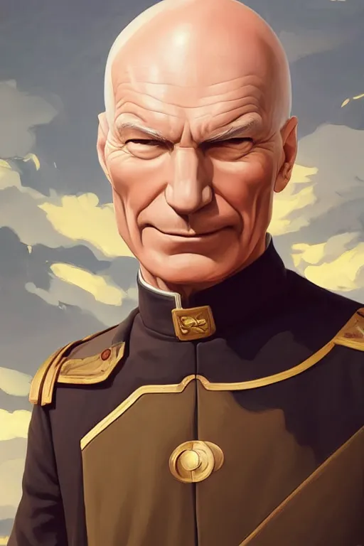 Image similar to portrait of fascist tyrant captain picard by artgerm, tooth wu, dan mumford, beeple, wlop, rossdraws, james jean, marc simonetti, artstation giuseppe dangelico pino and michael garmash and rob rey and greg manchess and huang guangjian and makoto shinkai