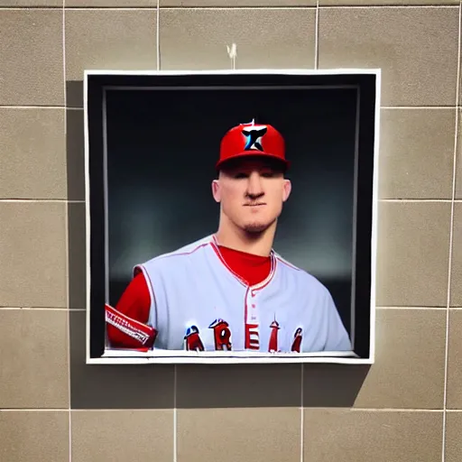 Image similar to “a realistic detailed photo of a guy who is named Mike Trout a baseball player, frozen like a statue, with shiny skin, by a pool, on display”