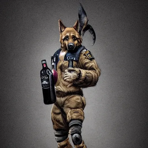 Image similar to a humanoid german shepherd beast - man in military style, holding a bottle of beer, artstation, concept art, smooth, sharp foccus ilustration, artstation