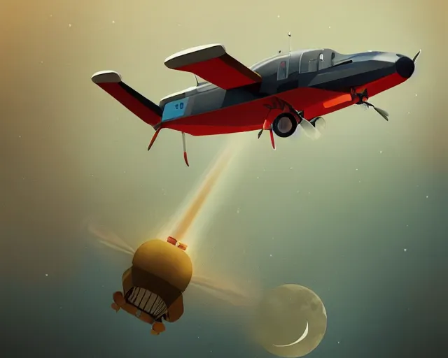 Image similar to a seaplane flying to the moon, porco rosso style, intricate, highly detailed, soft illumination, digital painting, artstation, concept art, smooth, sharp focus, illustration, cinematic, vfx, 4 k