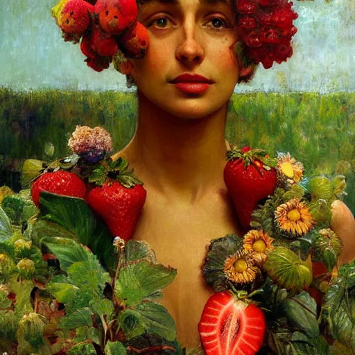 Image similar to a sculpture portrait made of kiwi and strawberries and flowers and plants, painting part by wojciech siudmak, part by ilya repin, part by max ernst, part by norman rockwell, artstation