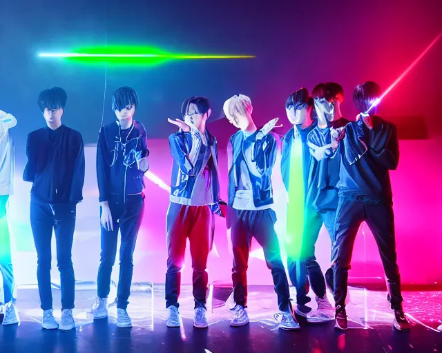 Prompt: sci-fi futuristic hologram, generic kpop boy band, lasers, smoke machine, cdx