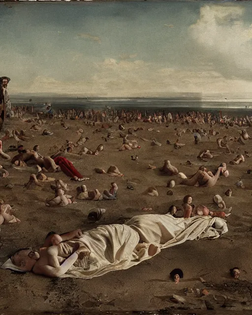 Image similar to photos of a gigantic, thousand foot long, man lying unconscious on a beach surrounded by thousands of tiny onlookers. he is wearing clothes from the 1 7 th century. cinematic and atmospheric