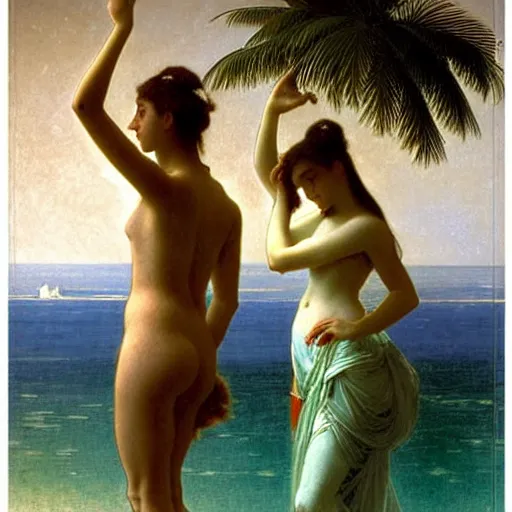 Image similar to Silhouette of two girls at the palace, thunderstorm, greek pool, beach and palm trees on the background major arcana sky, by paul delaroche, alphonse mucha and arnold böcklin arnold böcklin hyperrealistic 8k, very detailed