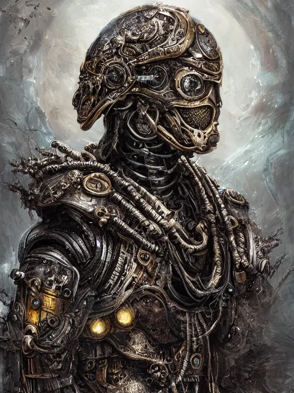 Prompt: portrait art of 8k ultra realistic undead wraith, ornate helmet , detailed intricate ornate armour,corrupted, cybernetic, full of colour, cinematic lighting, battered, trending on artstation, 4k, hyperrealistic, focused, extreme details,unreal engine 5, cinematic, masterpiece, art by ayami kojima, giger