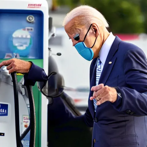 Image similar to joe biden at the gas station pumping gas into his mouth