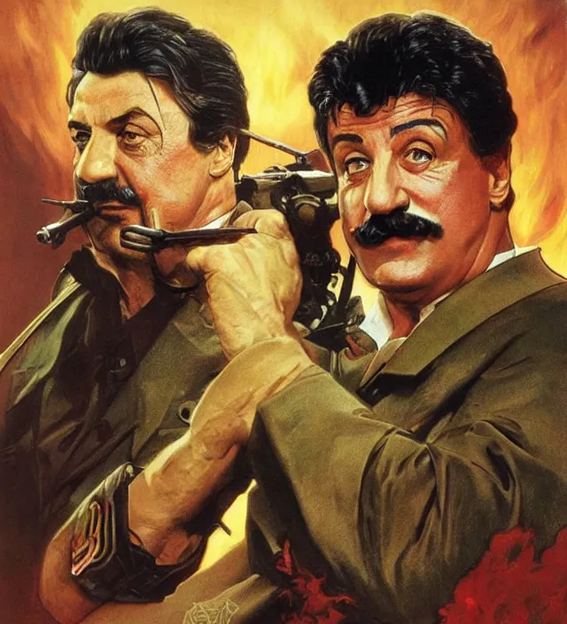 Image similar to sylvester stallone as stalin on fire,, cinematic, by greg rutowski, by greg rutkowski, by stanley artgerm, by alphonse mucha