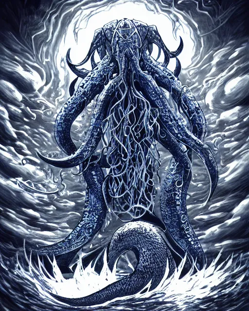 Prompt: A huge blue kraken in a vast sea, terrifying, black and white, fantasy art, monster art, in the style of masami kurumada, illustration, epic, fantasy, intricate, hyper detailed, artstation, concept art, smooth, sharp focus, ray tracing