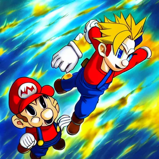 Image similar to anime art of mario going super - sayan, full - body art, fantasy art, dnd, super mario, art by akira toriyama, very beautiful fantasy art, bright colors, final fantasy, graceful, elegant, trending on artstation, intricate details, matte painting, organic painting, bold shapes, street art, akira toriyama