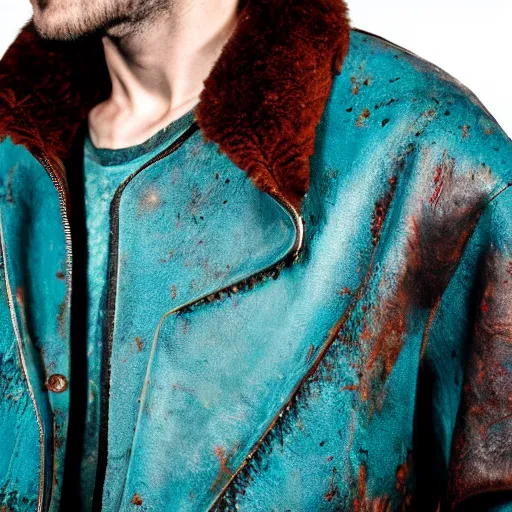 Prompt: a closeup photo of a male model wearing a baggy teal distressed medieval leather menswear jacket by boris issey miyake, 4 k, studio lighting, wide angle lens