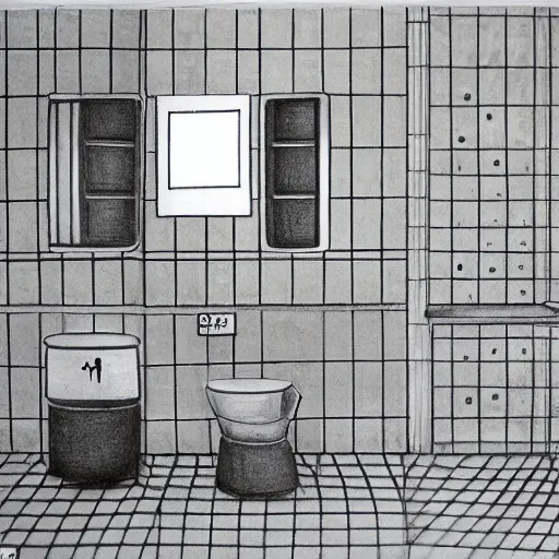 Prompt: ultrarealistic very detailed pencil drawing by Isabel Quintanilla of a white tiled bathroom wall with a small mirror above a white ceramic lavabo, and a glass shelf with a glass with a toothbrush and some shaving equipment in Madrid, 1984