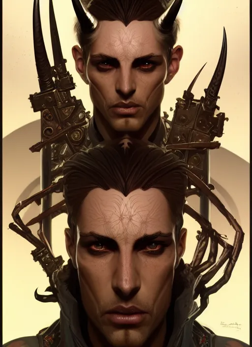 Image similar to symmetry!! portrait of horned borderlands 3 ( male ) psycho, intricate, elegant, highly detailed, digital painting, artstation, concept art, smooth, sharp focus, illustration, art by artgerm and greg rutkowski and alphonse mucha, 8 k